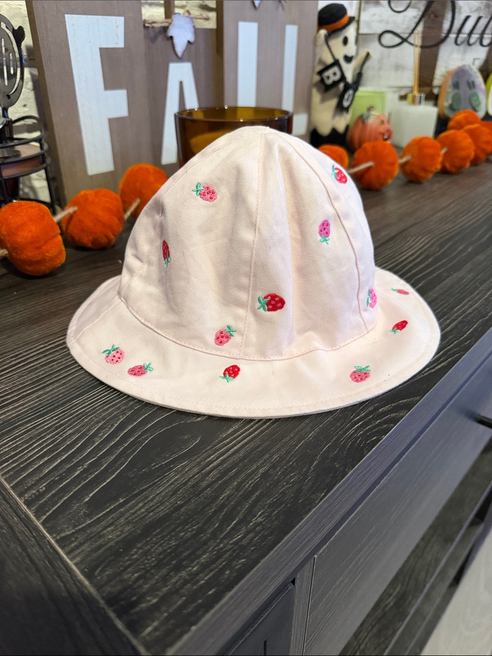 GAP Pink Bucket Hat with Embroidered Strawberries